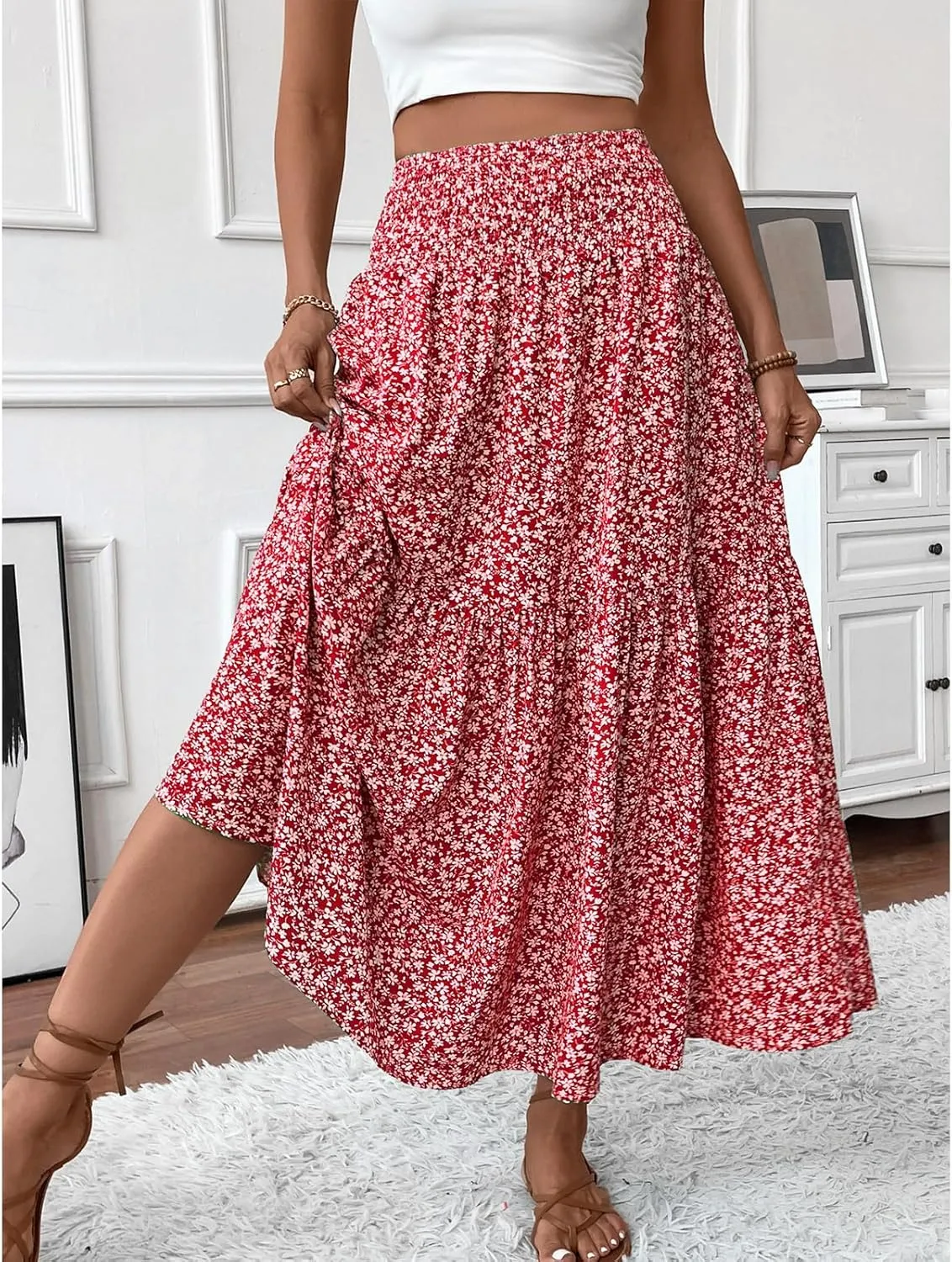 Floral Maxi Skirt for Women Smocked High Waist Skirt A-Line Flowy Ruffle Long Skirts Boho Vacation Long Skirts