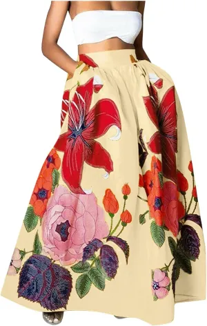 Flowy Boho Floral Printed Maxi Skirt for Women High Waisted A Line Long Skirts with Pockets Plus Size Swing Beach Dress