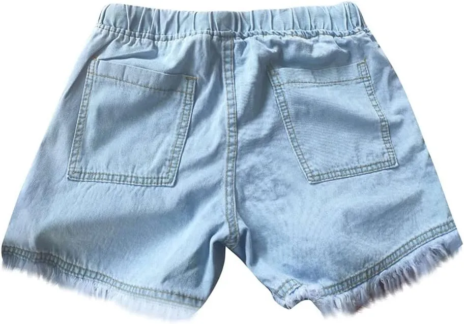 Frayed Hem Denim Shorts for Women - Jean Shorts with Ripped Details and Raw Edge Drawstring Elastic Waist Shorts
