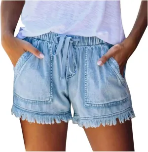 Frayed Hem Denim Shorts for Women - Jean Shorts with Ripped Details and Raw Edge Drawstring Elastic Waist Shorts