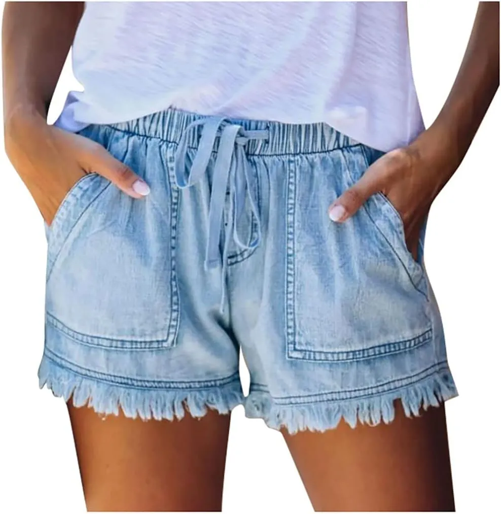 Frayed Hem Denim Shorts for Women - Jean Shorts with Ripped Details and Raw Edge Drawstring Elastic Waist Shorts