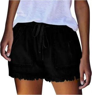 Frayed Hem Denim Shorts for Women - Jean Shorts with Ripped Details and Raw Edge Drawstring Elastic Waist Shorts