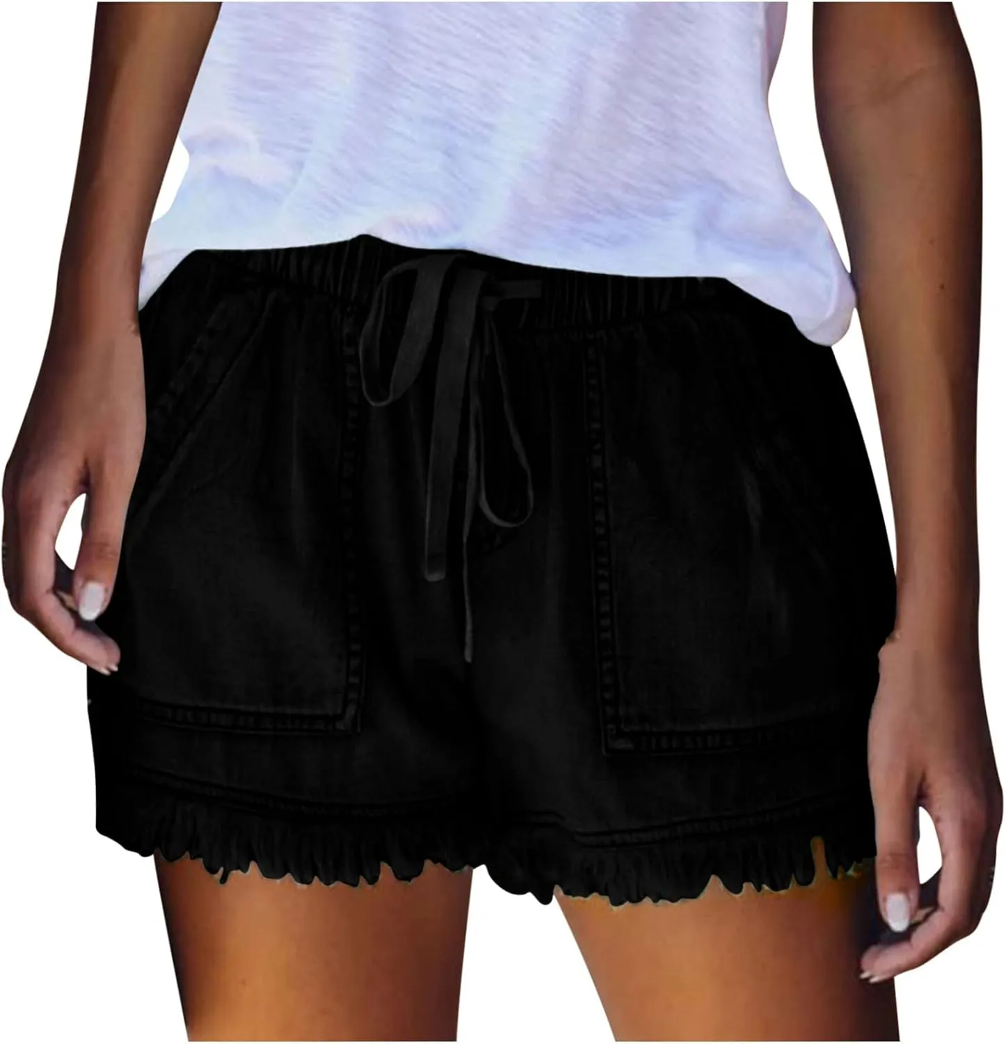 Frayed Hem Denim Shorts for Women - Jean Shorts with Ripped Details and Raw Edge Drawstring Elastic Waist Shorts