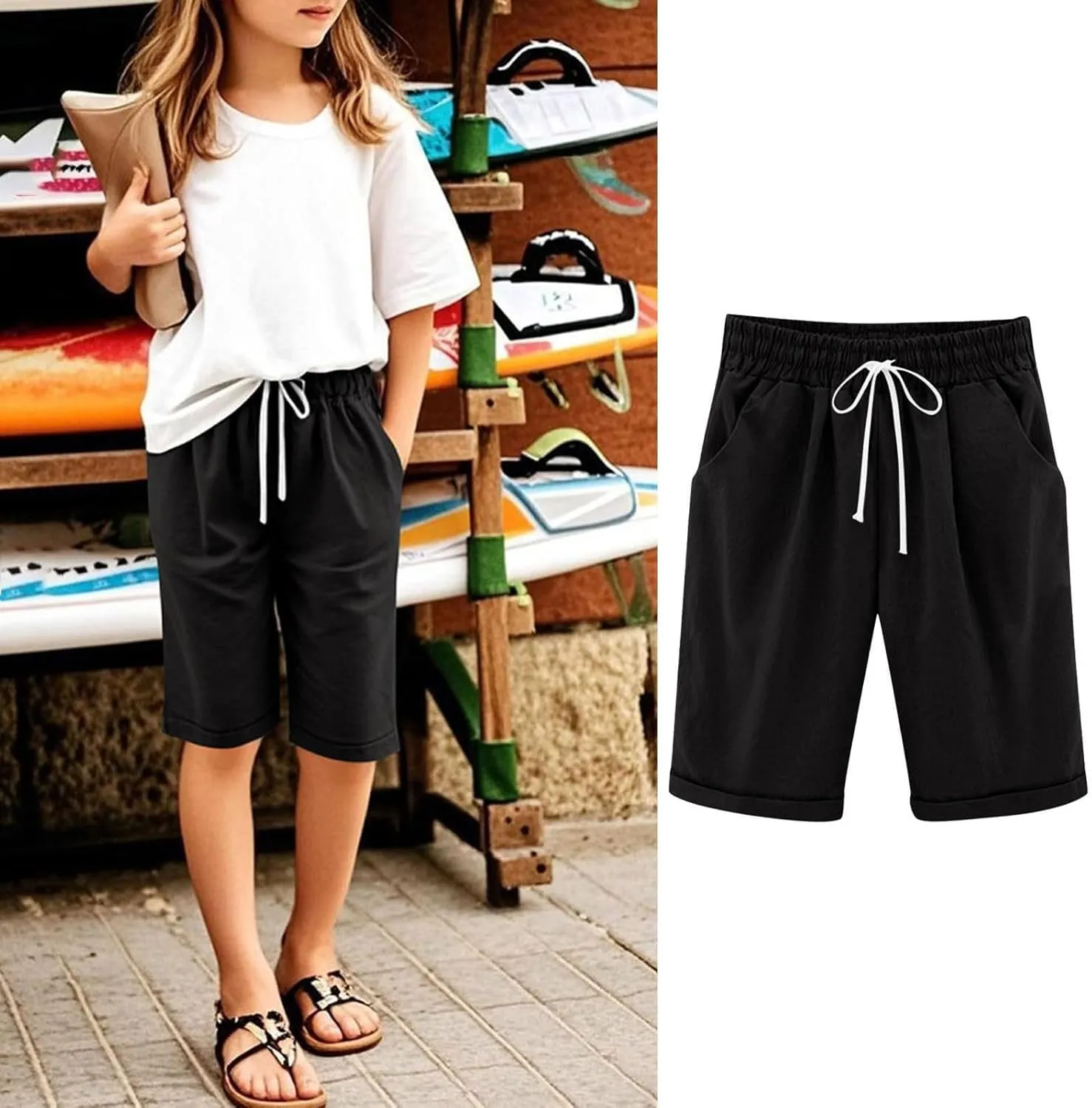 Girls Casual Bermuda Shorts Kids Knee Length High Waisted Summer Shorts Linen Comfy Drawstring Short Pants with