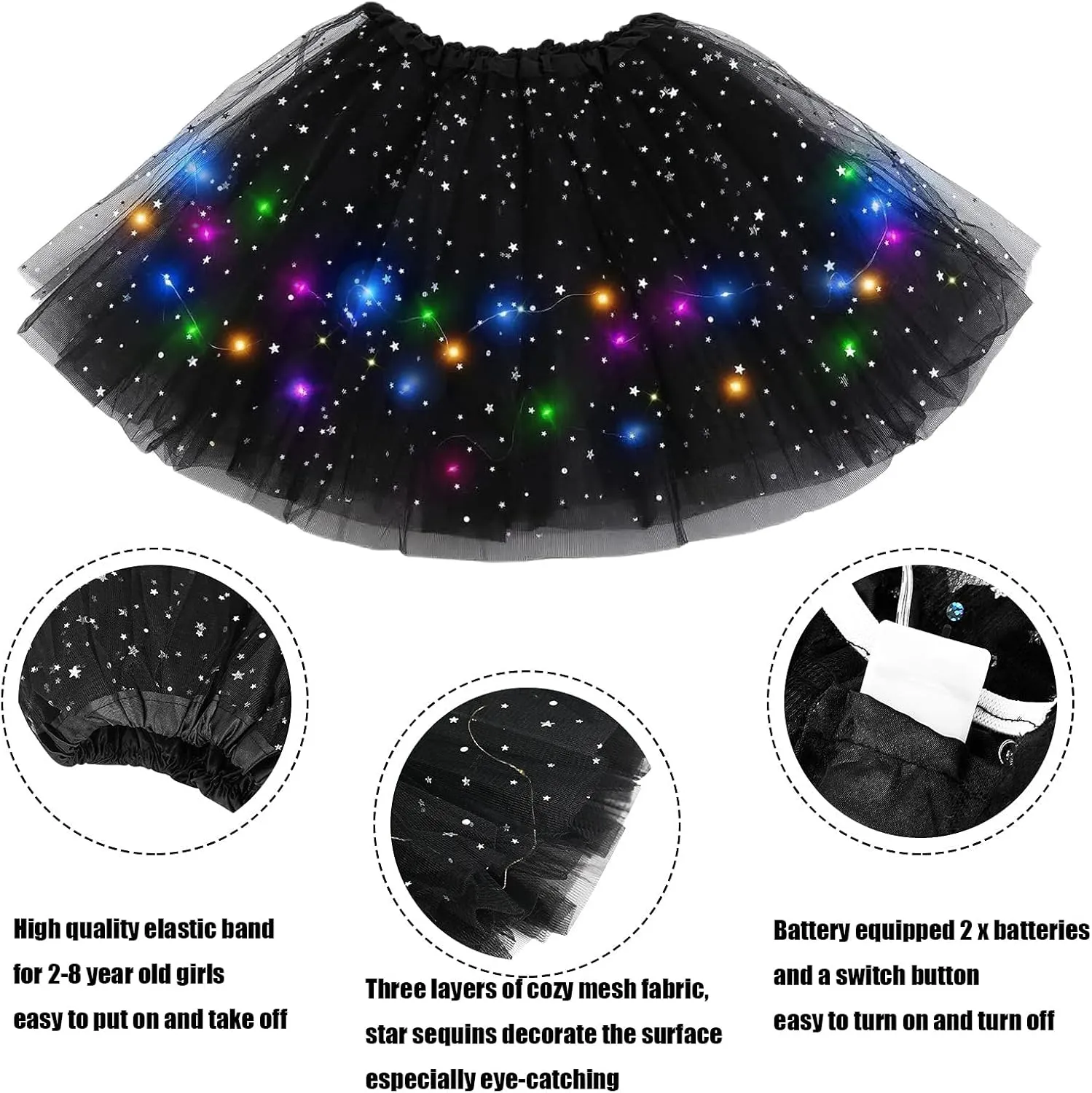 Girl's LED Skirt Light Up Tutus Glow Tulle Dance Skirts for Party Rave Festival Halloween Costume, 2-8 Years