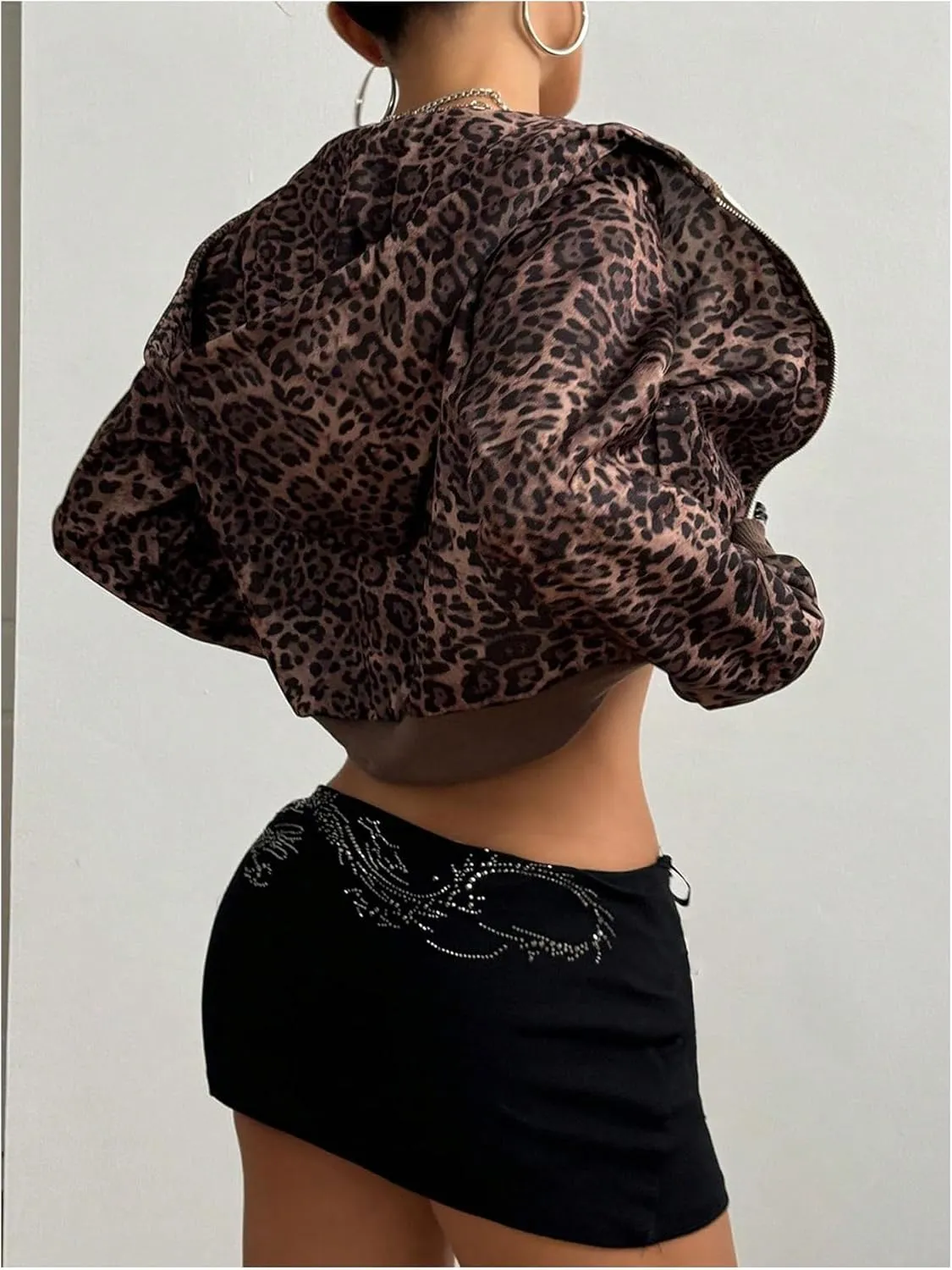 GORGLITTER Women's Leopard Print Zip Up Hoodie Y2k Crop Light Weight Trendy Jackets