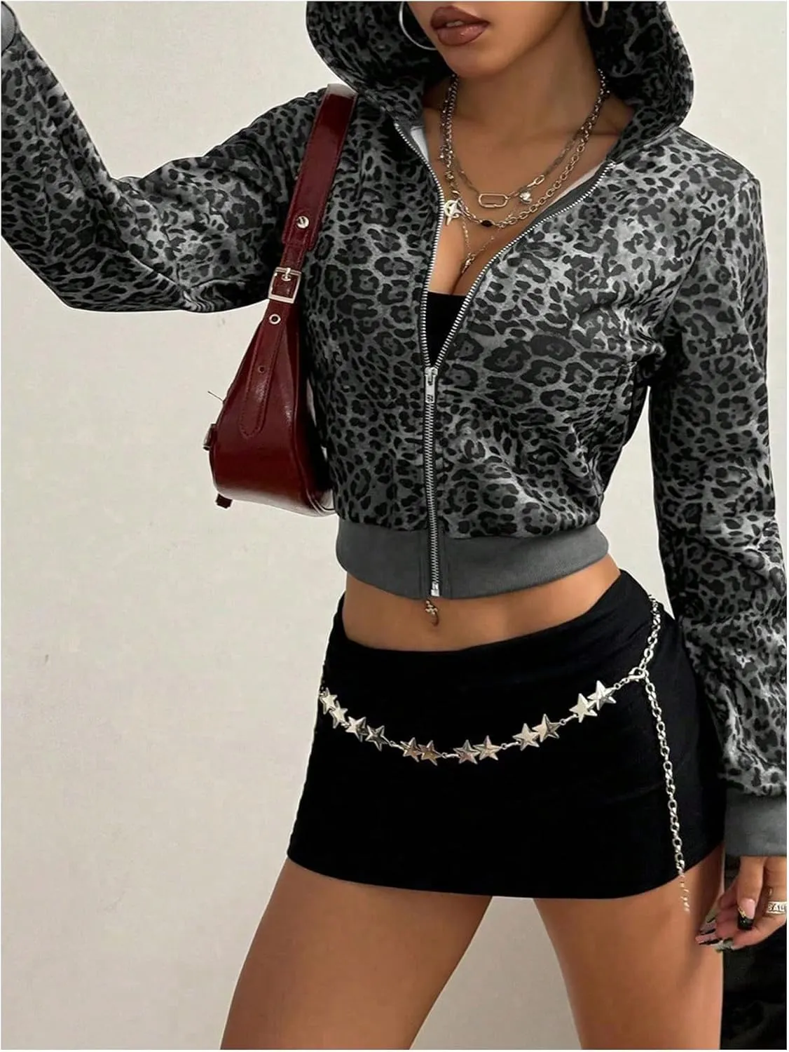 GORGLITTER Women's Leopard Print Zip Up Hoodie Y2k Crop Light Weight Trendy Jackets