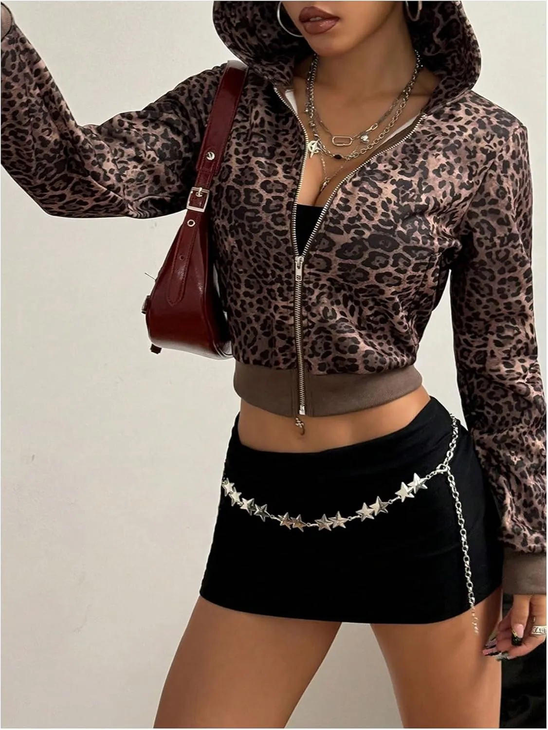 GORGLITTER Women's Leopard Print Zip Up Hoodie Y2k Crop Light Weight Trendy Jackets