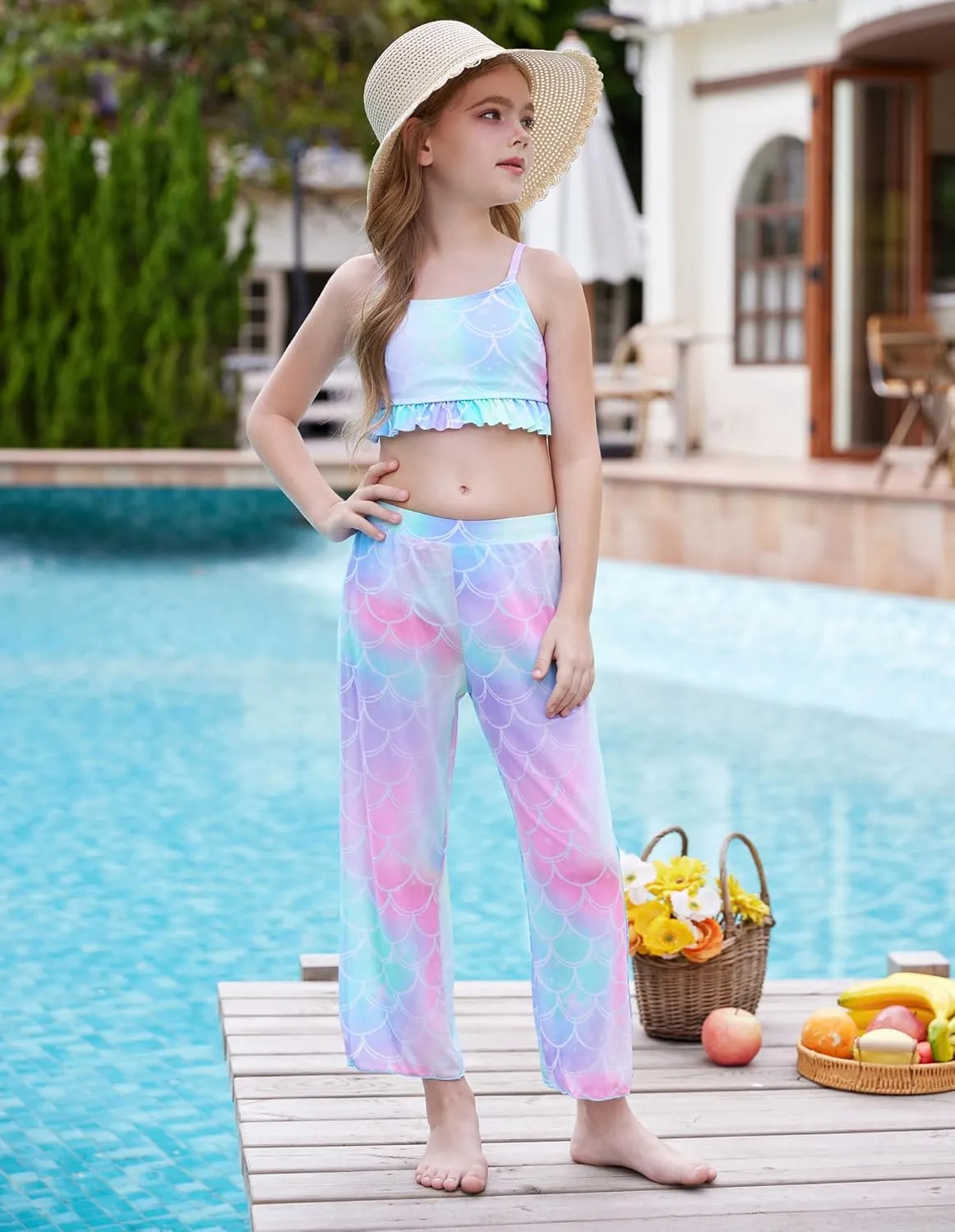GRACE KARIN Girls Bikini Swimsuits 3 Piece Set Bathing Suit with Cover Up Pants Quick Dry Swimwear 5-12Y