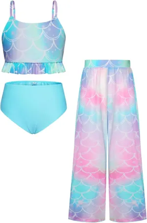 GRACE KARIN Girls Bikini Swimsuits 3 Piece Set Bathing Suit with Cover Up Pants Quick Dry Swimwear 5-12Y