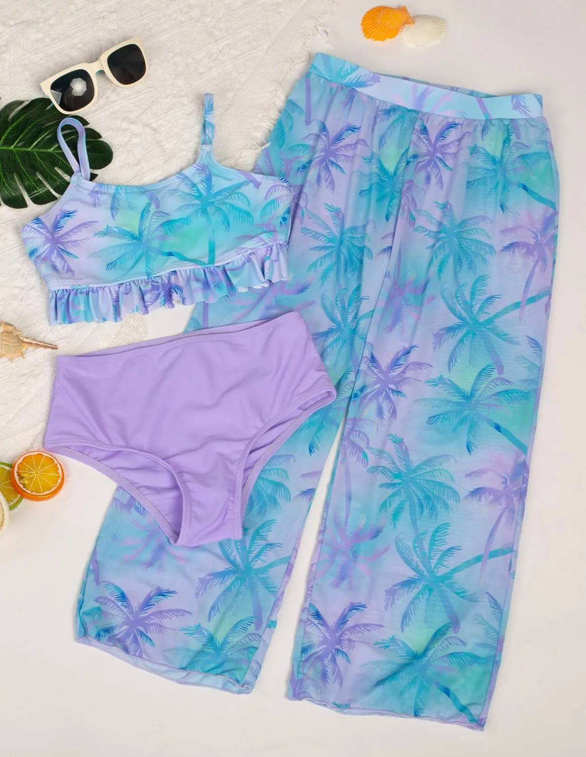 GRACE KARIN Girls Bikini Swimsuits 3 Piece Set Bathing Suit with Cover Up Pants Quick Dry Swimwear 5-12Y