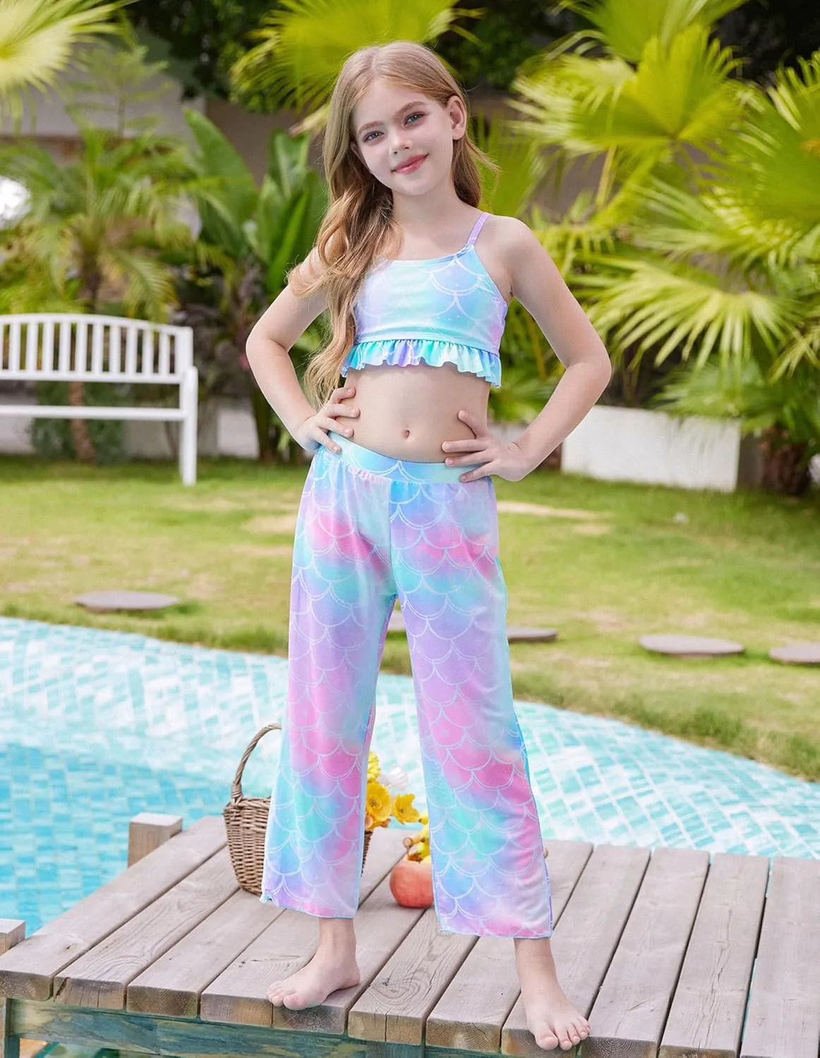 GRACE KARIN Girls Bikini Swimsuits 3 Piece Set Bathing Suit with Cover Up Pants Quick Dry Swimwear 5-12Y
