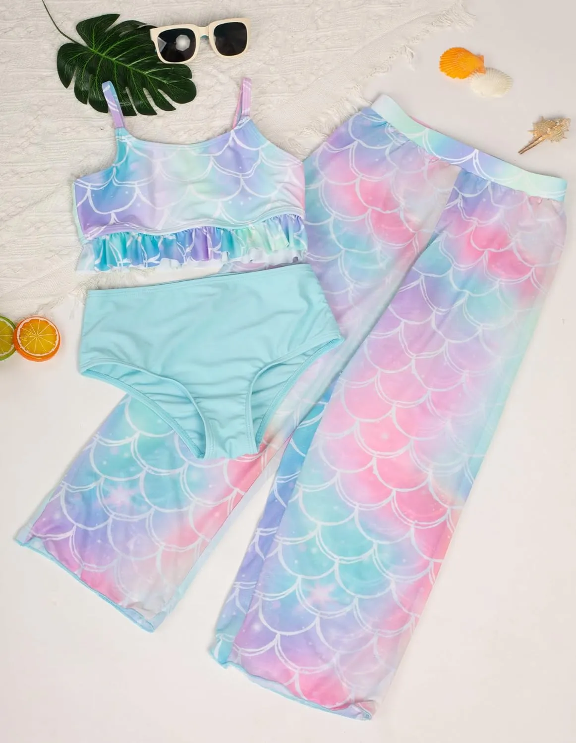 GRACE KARIN Girls Bikini Swimsuits 3 Piece Set Bathing Suit with Cover Up Pants Quick Dry Swimwear 5-12Y