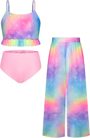 GRACE KARIN Girls Bikini Swimsuits 3 Piece Set Bathing Suit with Cover Up Pants Quick Dry Swimwear 5-12Y