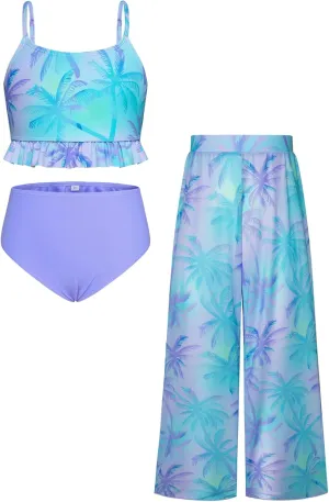 GRACE KARIN Girls Bikini Swimsuits 3 Piece Set Bathing Suit with Cover Up Pants Quick Dry Swimwear 5-12Y