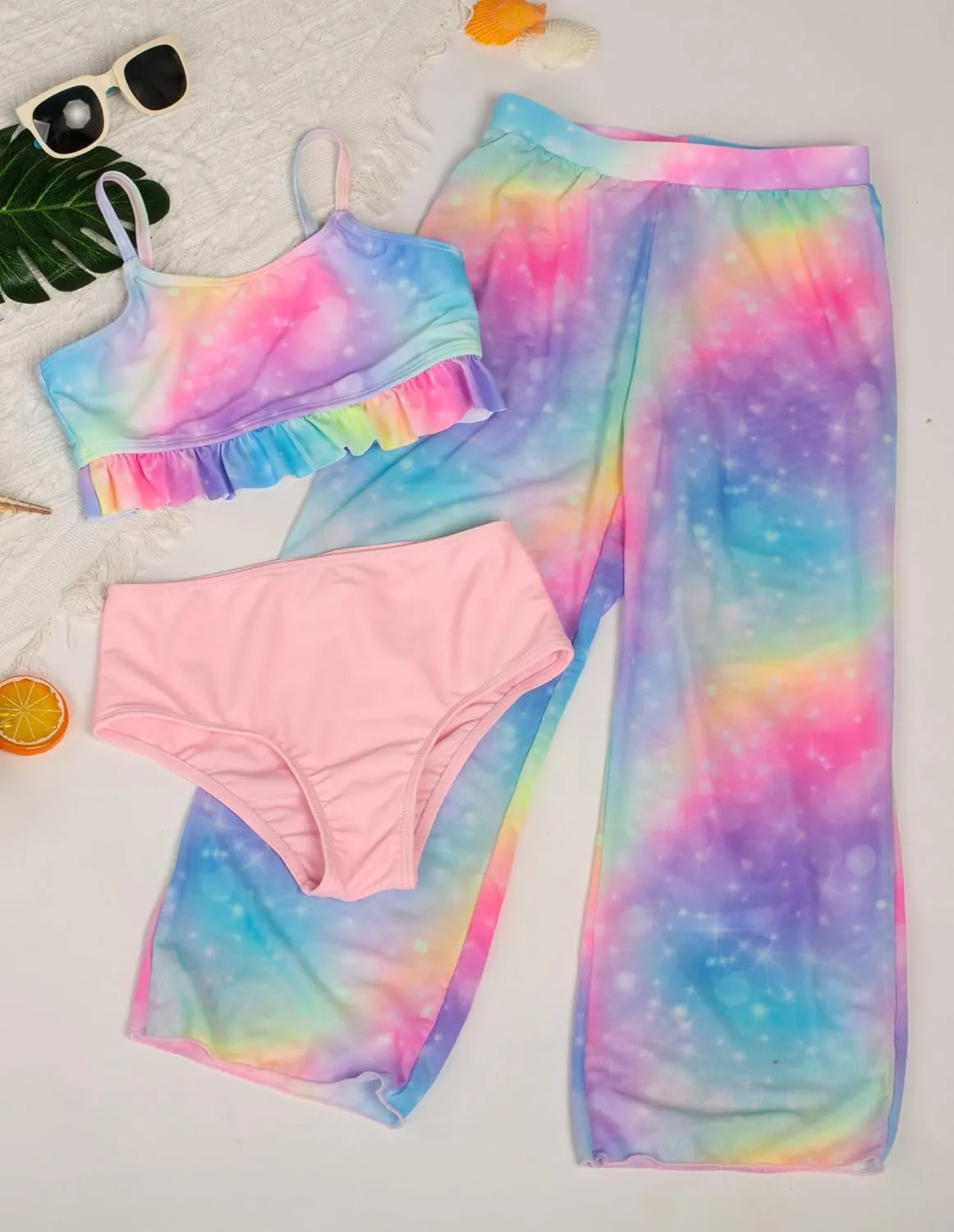 GRACE KARIN Girls Bikini Swimsuits 3 Piece Set Bathing Suit with Cover Up Pants Quick Dry Swimwear 5-12Y