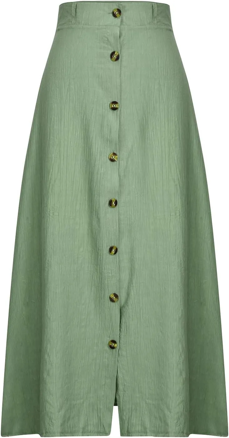 hlysgo Womens Casual High Waist Button Down Front Long Maxi Skirt Boho Solid Flowy Skirts Summer Beach Dresses