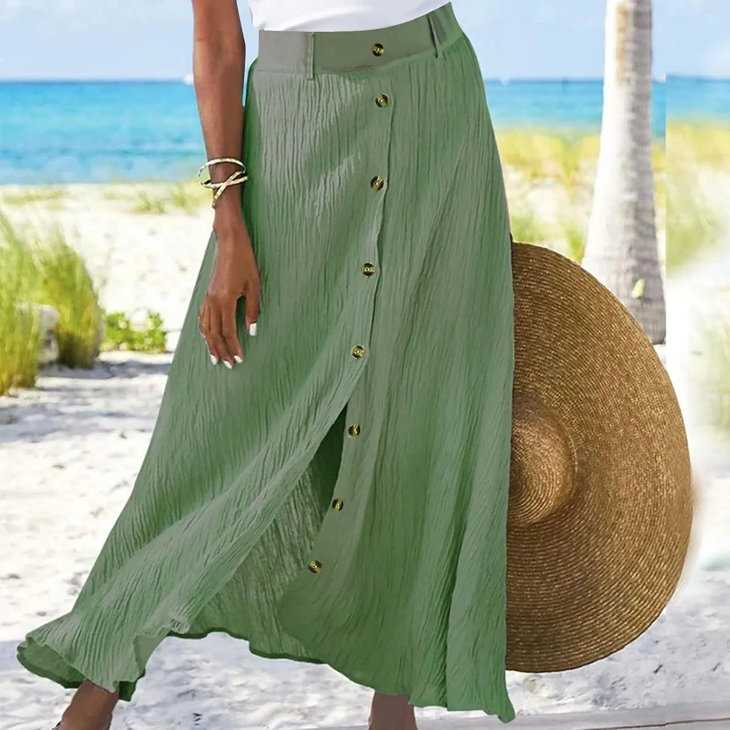 hlysgo Womens Casual High Waist Button Down Front Long Maxi Skirt Boho Solid Flowy Skirts Summer Beach Dresses