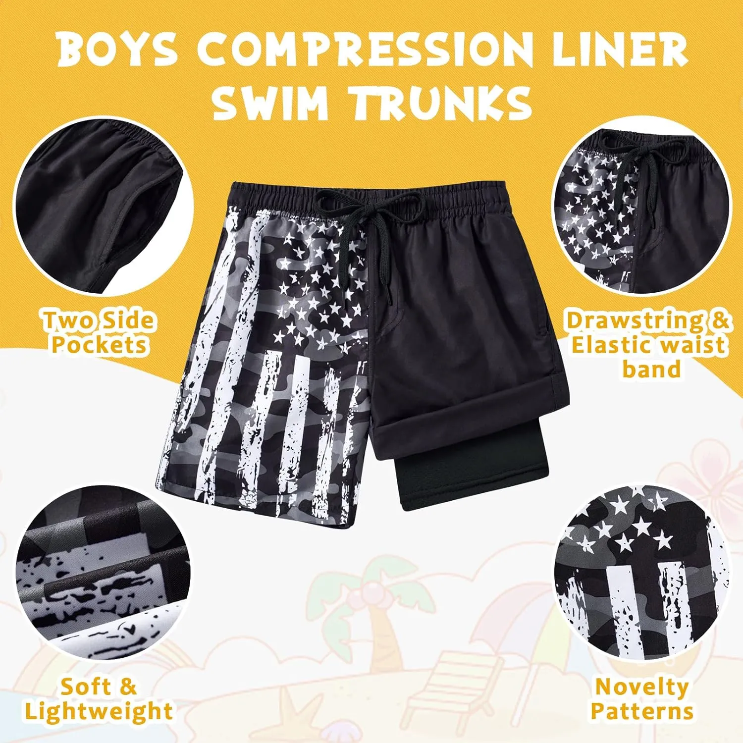 Idgreatim 5-16T Boys Swim Trunks with Compression Liner Summer Beach Quick Dry Swimsuit Bathing Suit