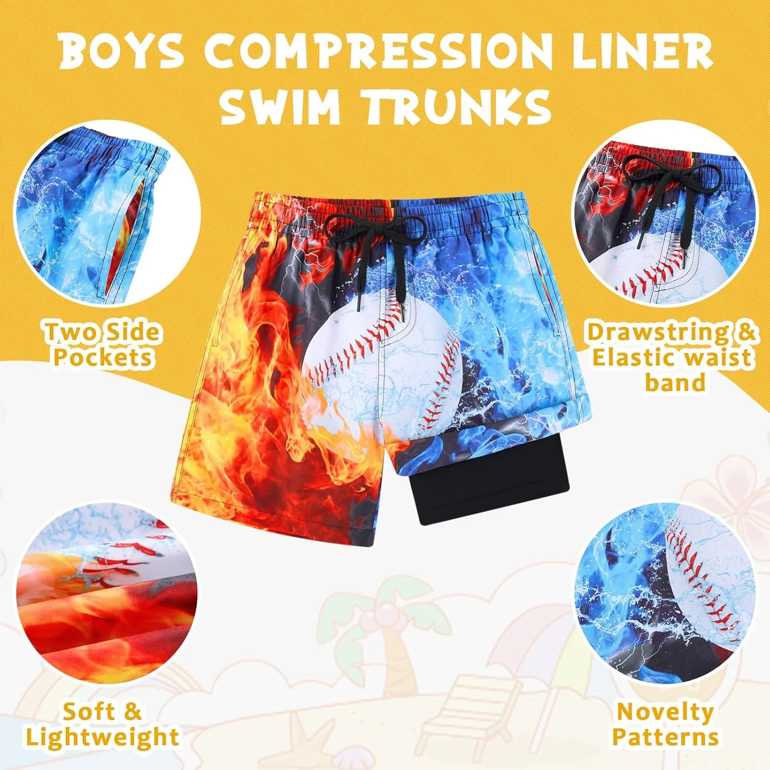 Idgreatim 5-16T Boys Swim Trunks with Compression Liner Summer Beach Quick Dry Swimsuit Bathing Suit