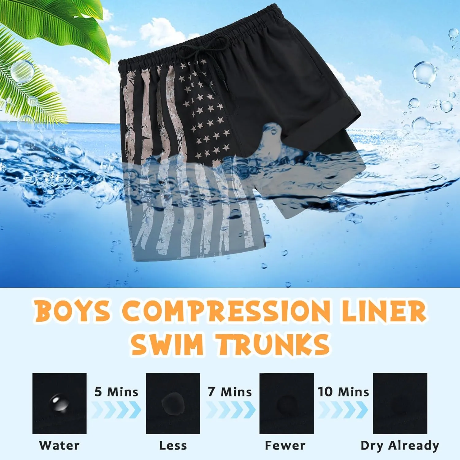 Idgreatim 5-16T Boys Swim Trunks with Compression Liner Summer Beach Quick Dry Swimsuit Bathing Suit