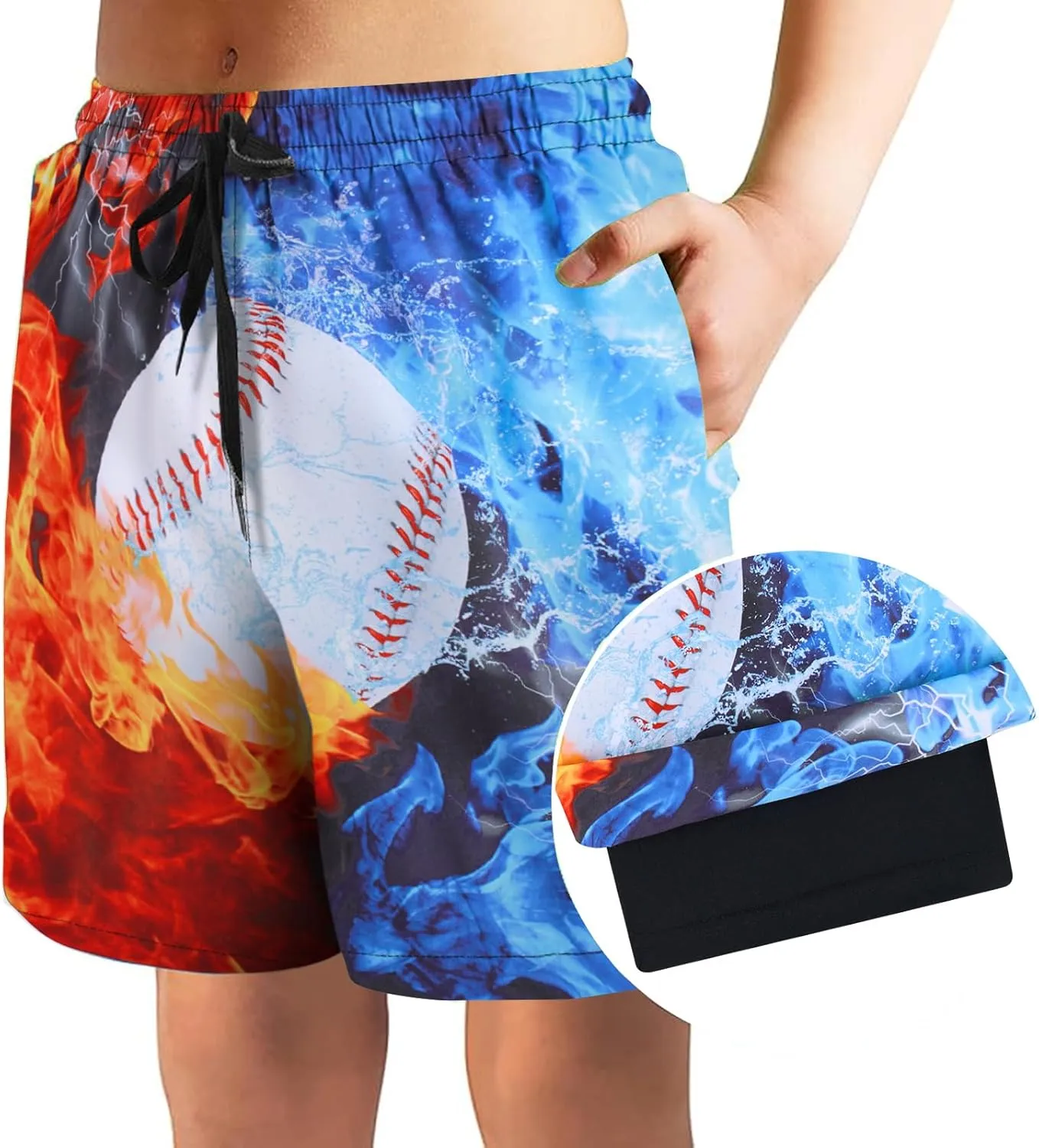 Idgreatim 5-16T Boys Swim Trunks with Compression Liner Summer Beach Quick Dry Swimsuit Bathing Suit