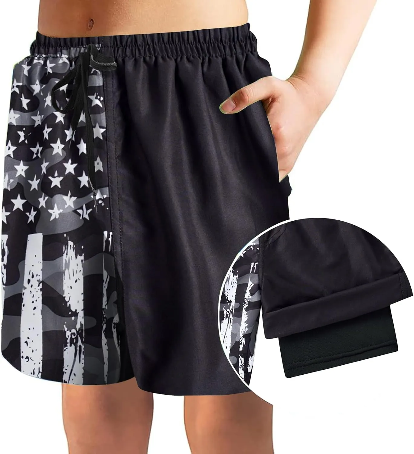Idgreatim 5-16T Boys Swim Trunks with Compression Liner Summer Beach Quick Dry Swimsuit Bathing Suit