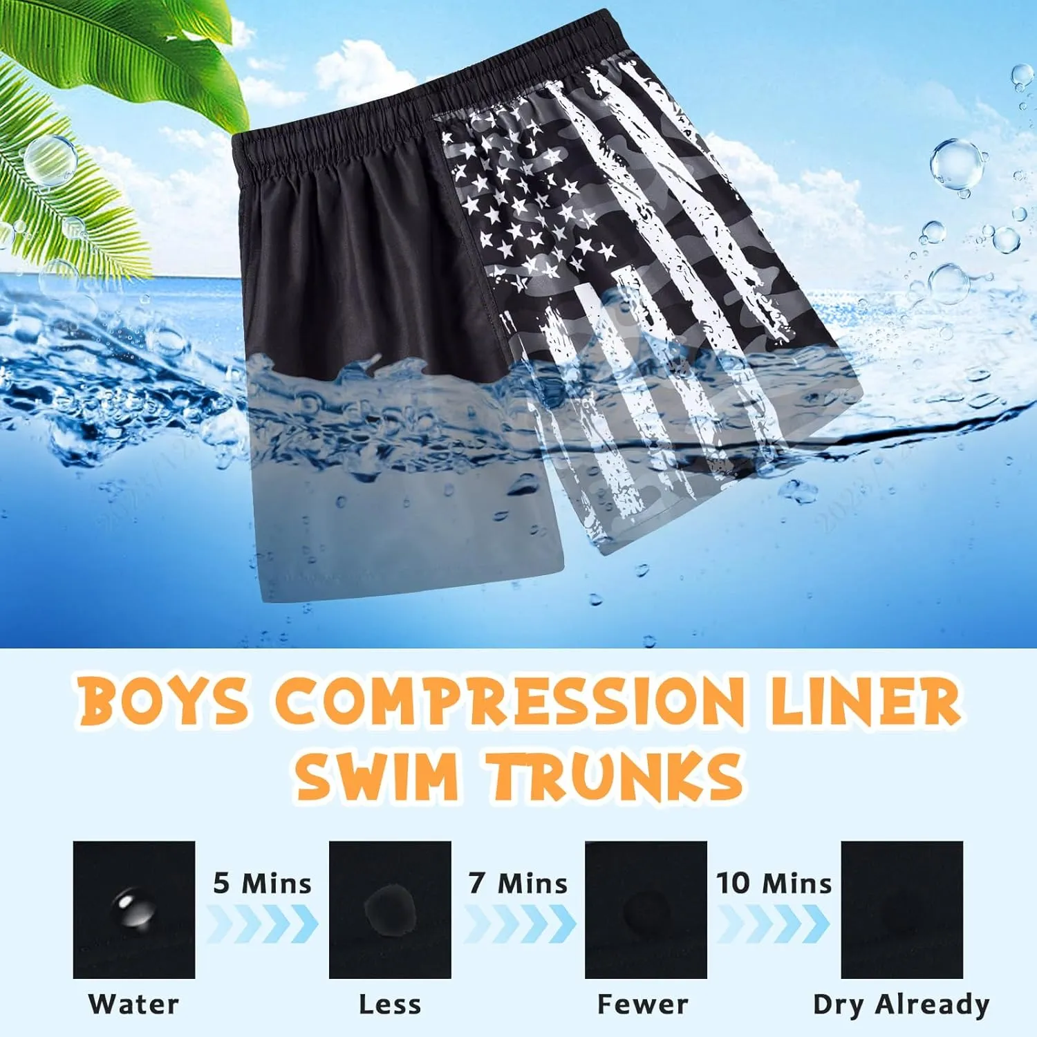 Idgreatim 5-16T Boys Swim Trunks with Compression Liner Summer Beach Quick Dry Swimsuit Bathing Suit