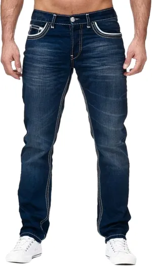 Jeans for Men Relaxed Fit Mid-Rise Straight-Leg Jean Stretch Casual Flat Front Classic Tapered Leg Moto Biker Jeans