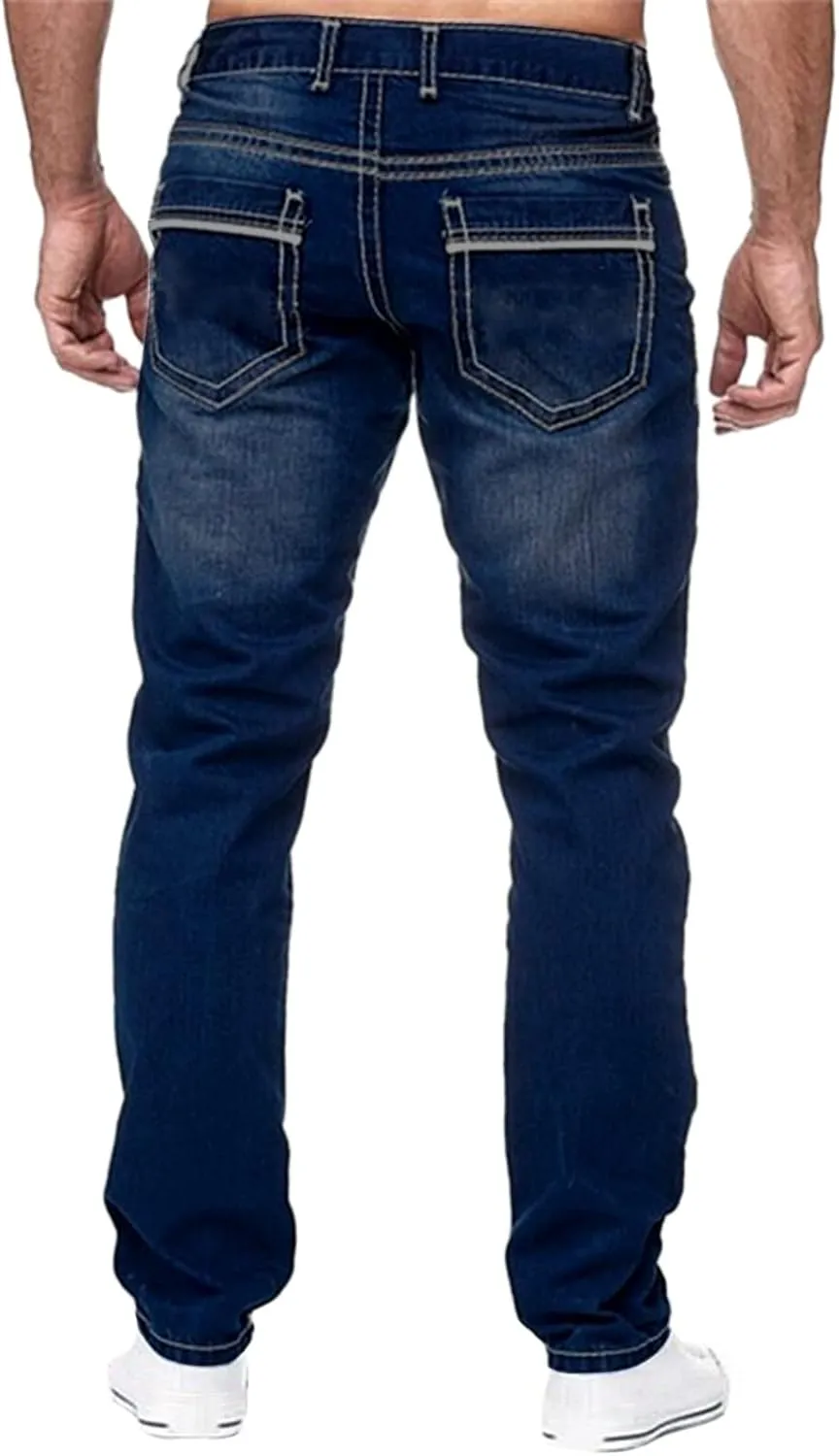 Jeans for Men Relaxed Fit Mid-Rise Straight-Leg Jean Stretch Casual Flat Front Classic Tapered Leg Moto Biker Jeans