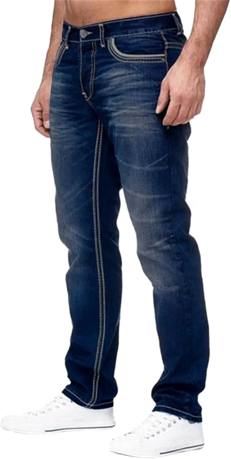 Jeans for Men Relaxed Fit Mid-Rise Straight-Leg Jean Stretch Casual Flat Front Classic Tapered Leg Moto Biker Jeans