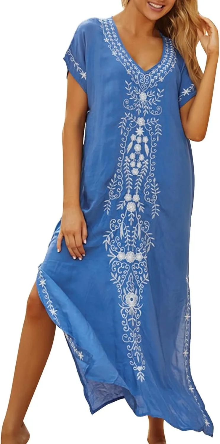 Kaftan Dresses for Women Plus Size Bathing Suit Cover up Vneck Batwing Dress Loose fit Moroccan Caftan mumu Dresses Amethyst