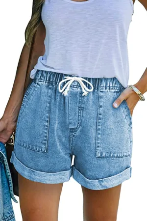 KINGFEN Women Casual Shorts Drawstring Comfy Elastic Waist Shorts Summer Pull On Short with Pockets(S-2XL)