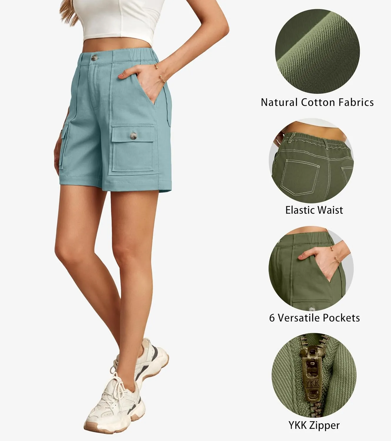 Lepunuo Cargo Shorts for Women Baggy Casual Elastic Waist Shorts Relaxed Fit Stretch Cargo Shorts with 6 Pockets
