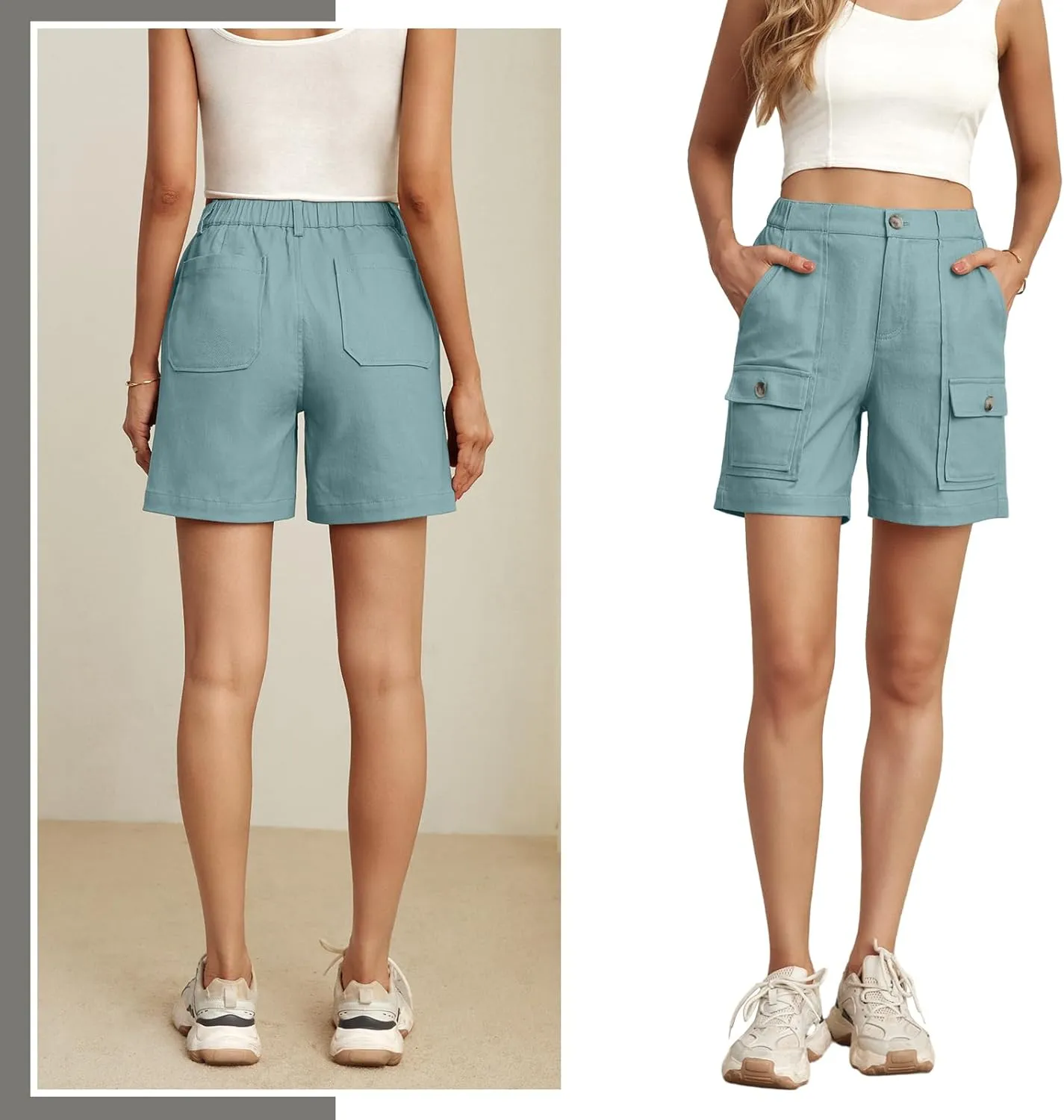 Lepunuo Cargo Shorts for Women Baggy Casual Elastic Waist Shorts Relaxed Fit Stretch Cargo Shorts with 6 Pockets