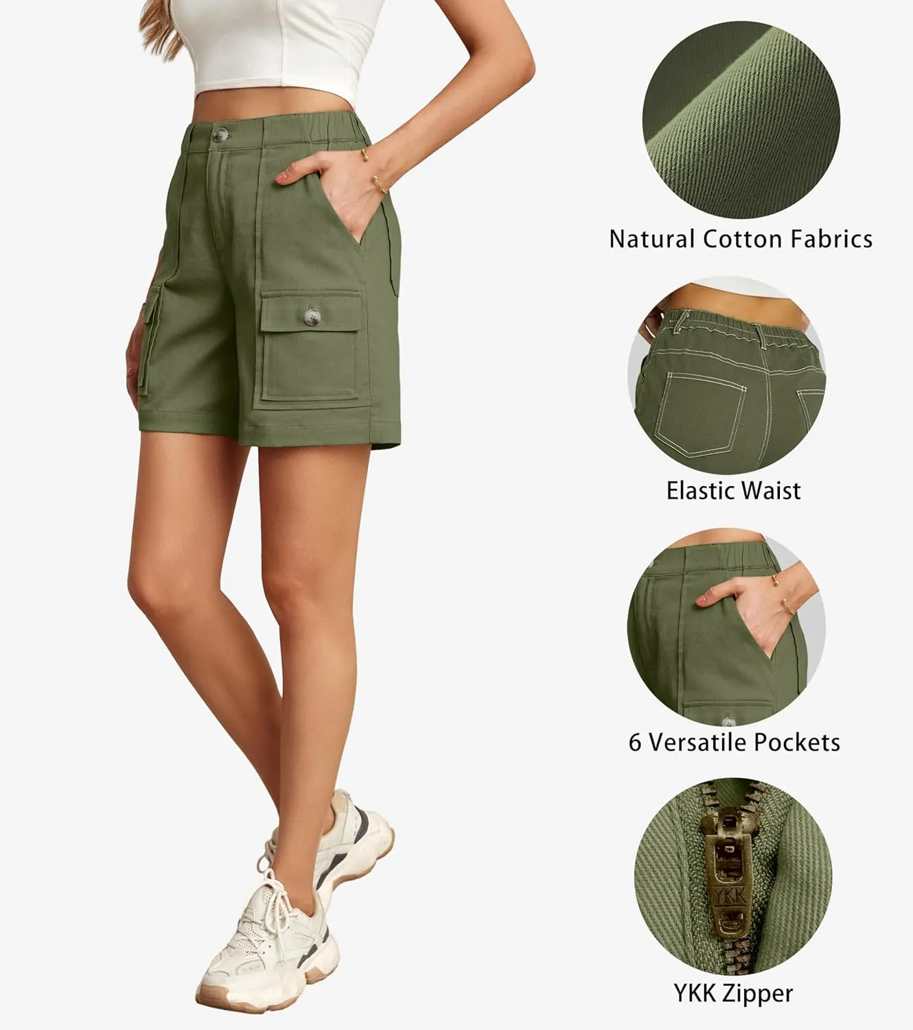 Lepunuo Cargo Shorts for Women Baggy Casual Elastic Waist Shorts Relaxed Fit Stretch Cargo Shorts with 6 Pockets