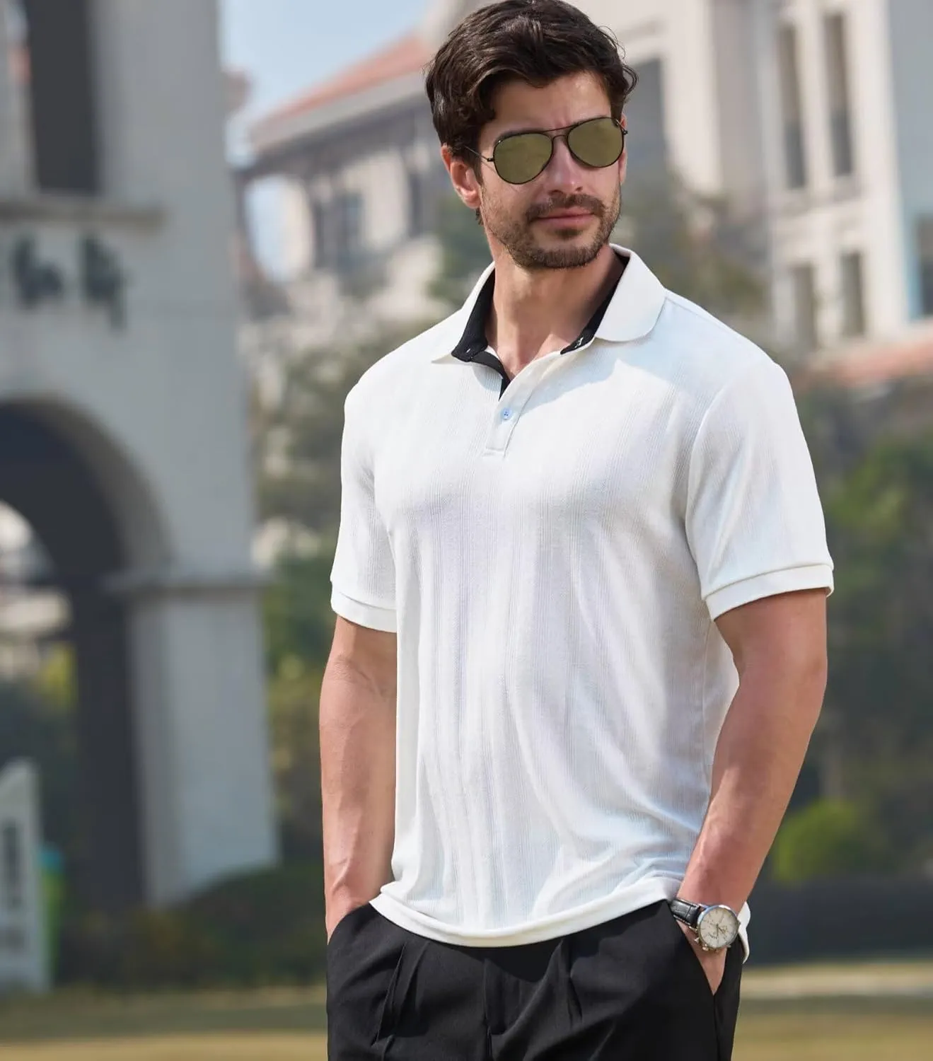 Lexiart Men's Knit Polo Shirt Short Sleeve Cool Soft Stretchy Golf Collared Tops Hollow Out Textured