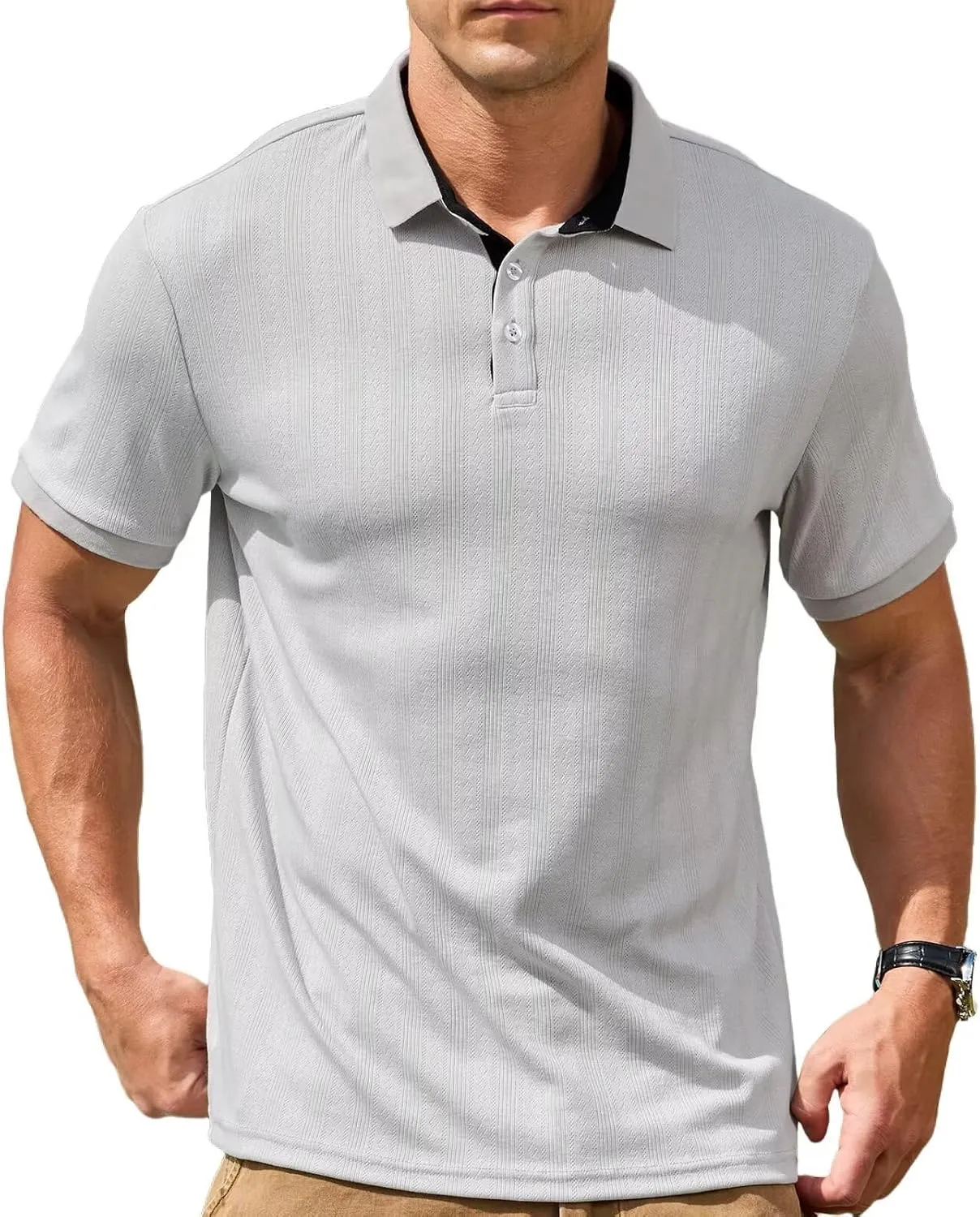 Lexiart Men's Knit Polo Shirt Short Sleeve Cool Soft Stretchy Golf Collared Tops Hollow Out Textured