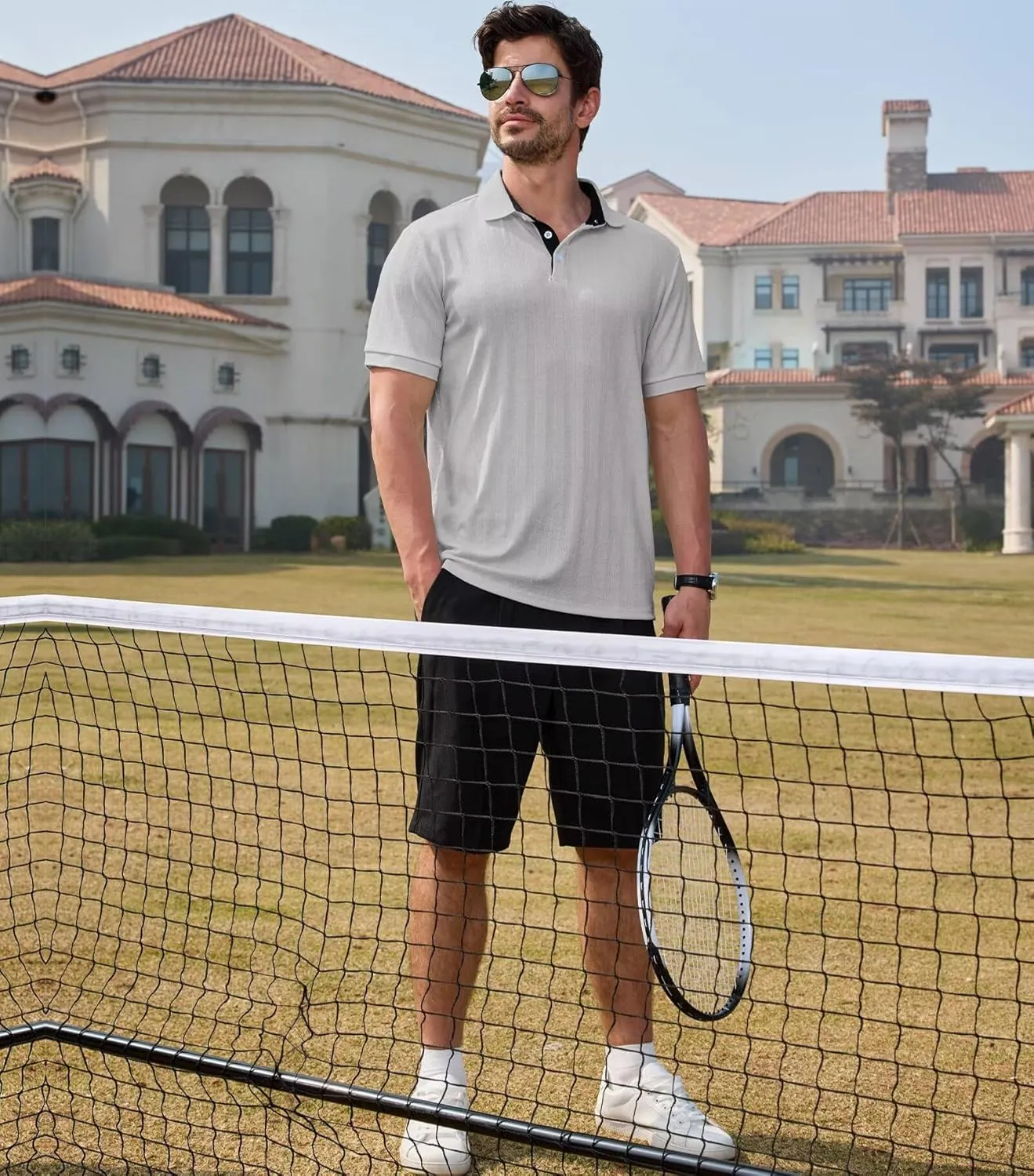 Lexiart Men's Knit Polo Shirt Short Sleeve Cool Soft Stretchy Golf Collared Tops Hollow Out Textured
