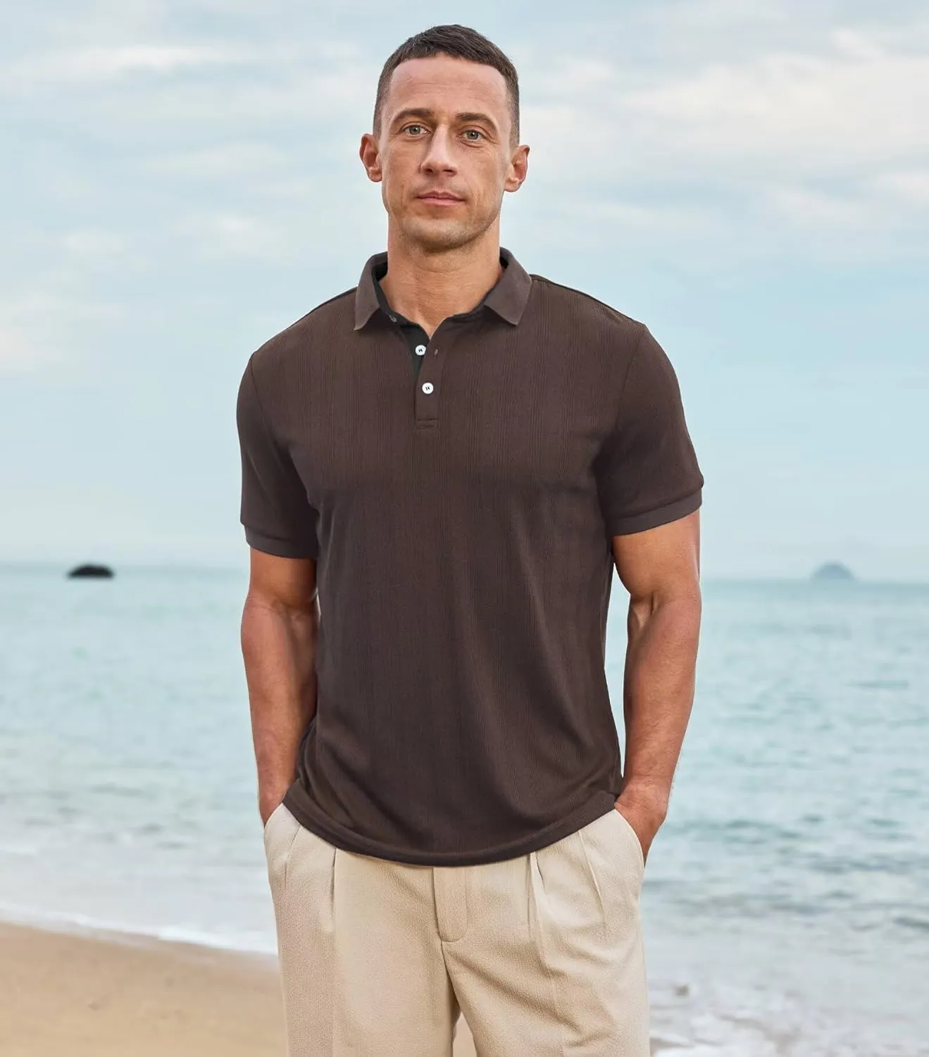 Lexiart Men's Knit Polo Shirt Short Sleeve Cool Soft Stretchy Golf Collared Tops Hollow Out Textured
