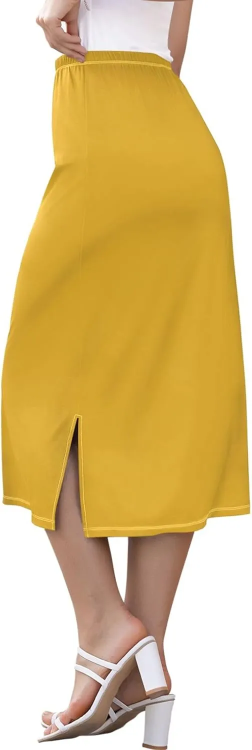 Linen Midi Skirts with Slit Womens Floral Straight Skirt High Waist Stretch Ladies Skirts