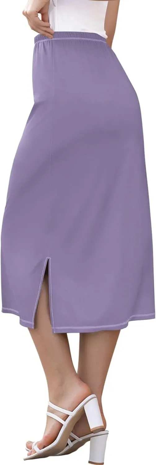 Linen Midi Skirts with Slit Womens Floral Straight Skirt High Waist Stretch Ladies Skirts