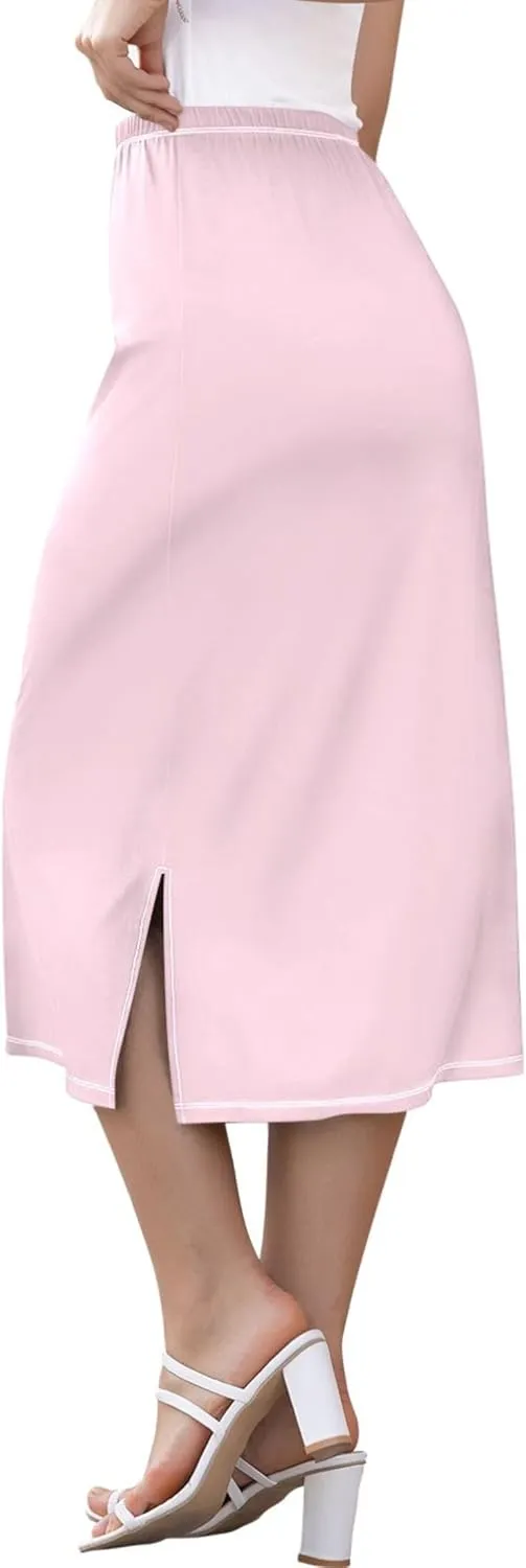 Linen Midi Skirts with Slit Womens Floral Straight Skirt High Waist Stretch Ladies Skirts