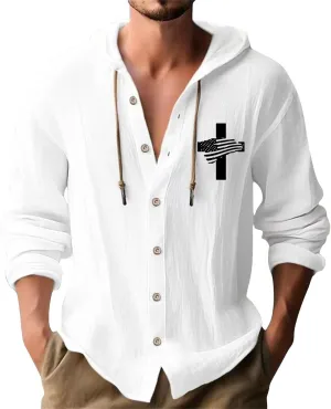 Linen Shirts for Mens American Independence Day Button Casual Hoodie Shirt 2025 Long Sleeve Cotton Beach Tops with Hood