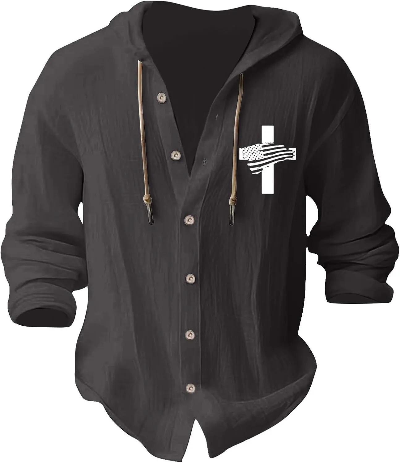 Linen Shirts for Mens American Independence Day Button Casual Hoodie Shirt 2025 Long Sleeve Cotton Beach Tops with Hood