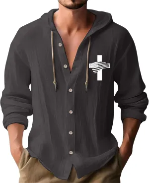 Linen Shirts for Mens American Independence Day Button Casual Hoodie Shirt 2025 Long Sleeve Cotton Beach Tops with Hood