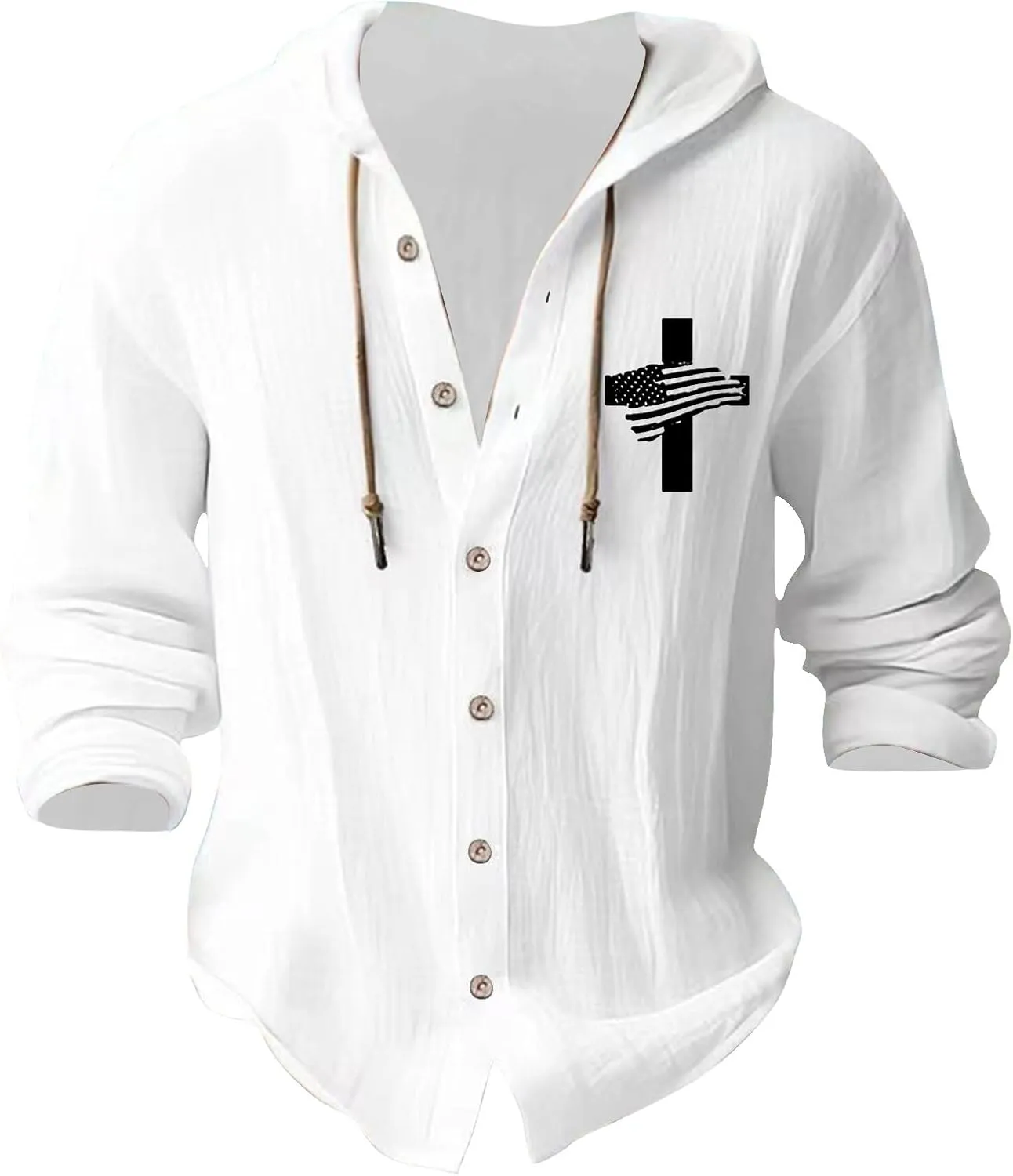 Linen Shirts for Mens American Independence Day Button Casual Hoodie Shirt 2025 Long Sleeve Cotton Beach Tops with Hood