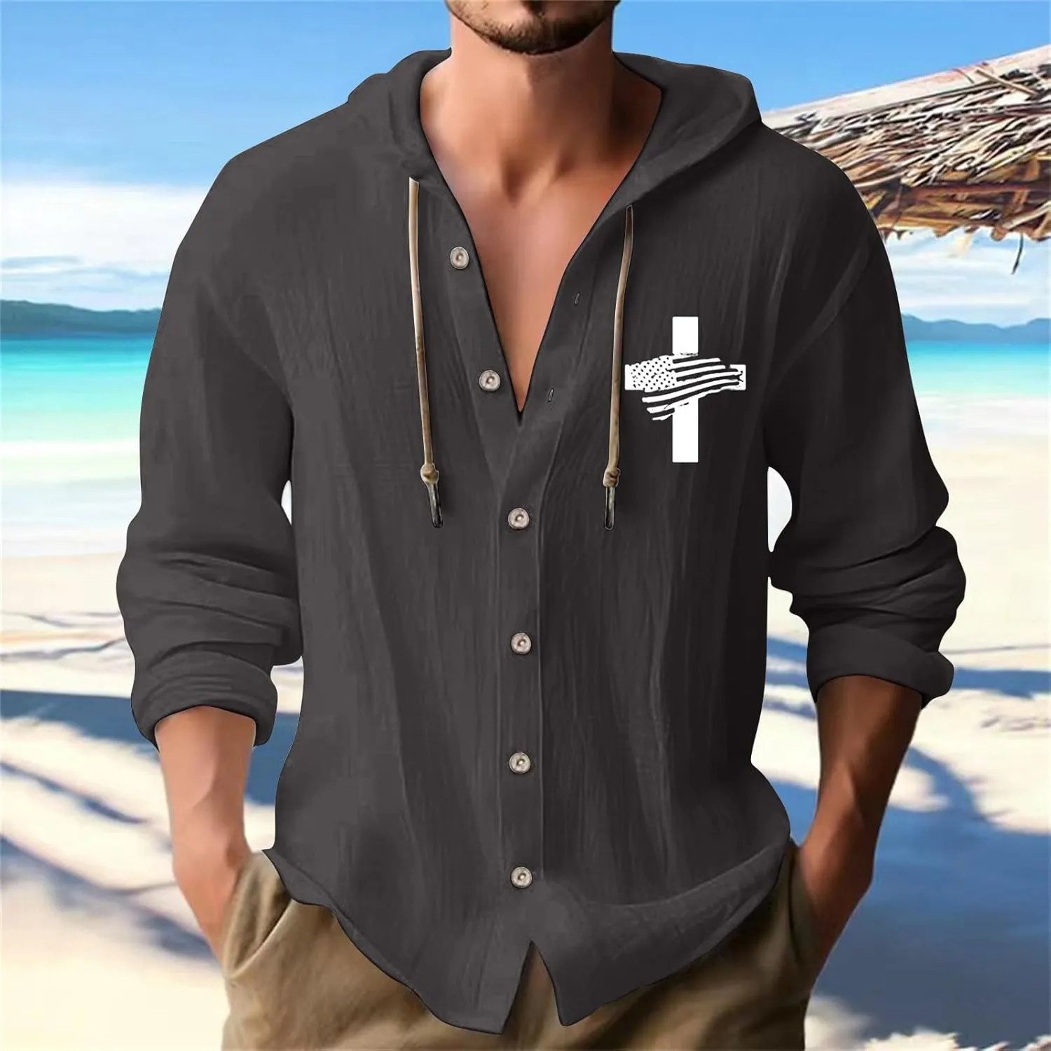 Linen Shirts for Mens American Independence Day Button Casual Hoodie Shirt 2025 Long Sleeve Cotton Beach Tops with Hood