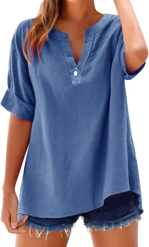 Linen Shirts for Women Short Sleeve V Neck Collared Shirts Summer Comfy Tops Loose Fit Casual Top Beach Blouses