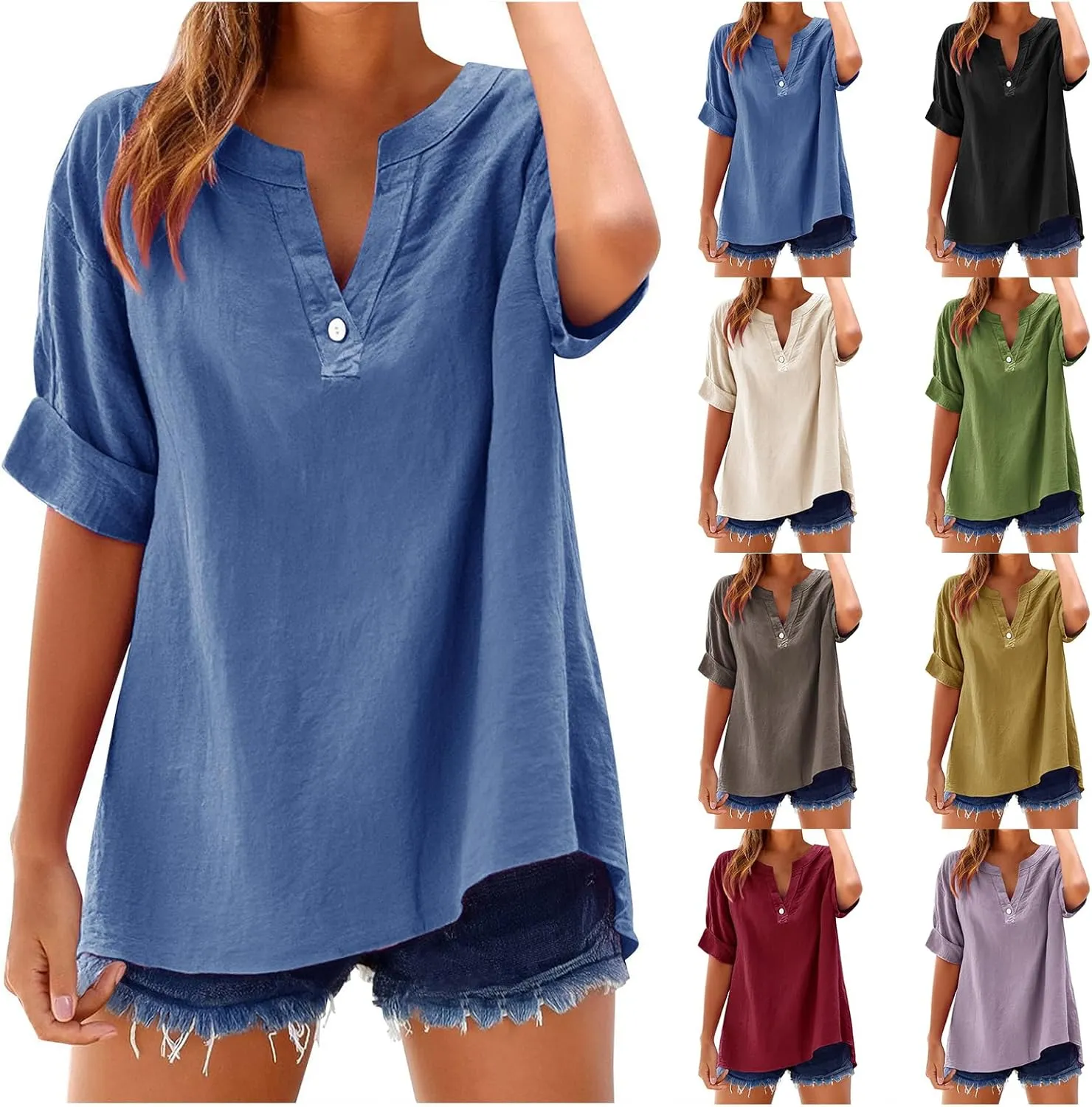 Linen Shirts for Women Short Sleeve V Neck Collared Shirts Summer Comfy Tops Loose Fit Casual Top Beach Blouses